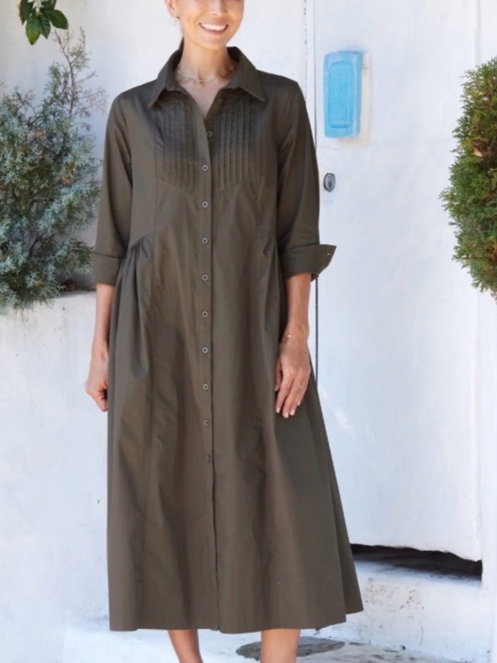 Olive Button-Front Midi Shirt Dress with Pintuck Bodice